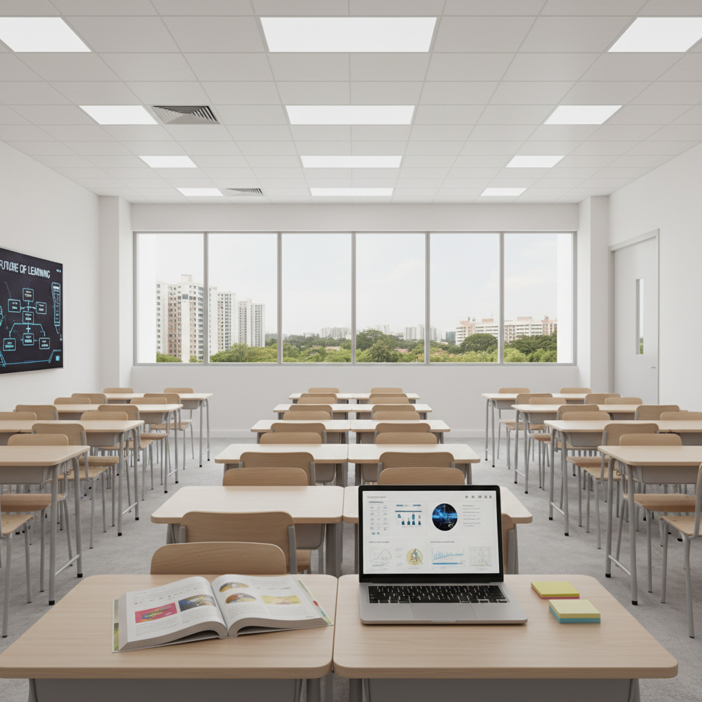 A bright, modern Singapore classroom interior without any students, featuring clean white walls, an expansive glass window overlooking distant HDB blocks, and rows of light birch desks neatly aligned. On the front desk sits an open textbook, a silver laptop with a glowing screen of abstract graphs, and a neat stack of colored sticky notes. Overhead LED panels cast even, neutral white light, eliminating harsh shadows while still allowing subtle depth along the rows of desks. The mood is focused, aspirational, and future-oriented. Captured at a slightly low, front-facing angle to emphasize the front desk as the focal point, the composition follows leading lines created by the desk rows, drawing the eye toward a large smartboard at the front. Photographic realism underscores themes of Singapore education, technology-enabled learning, and academic excellence.