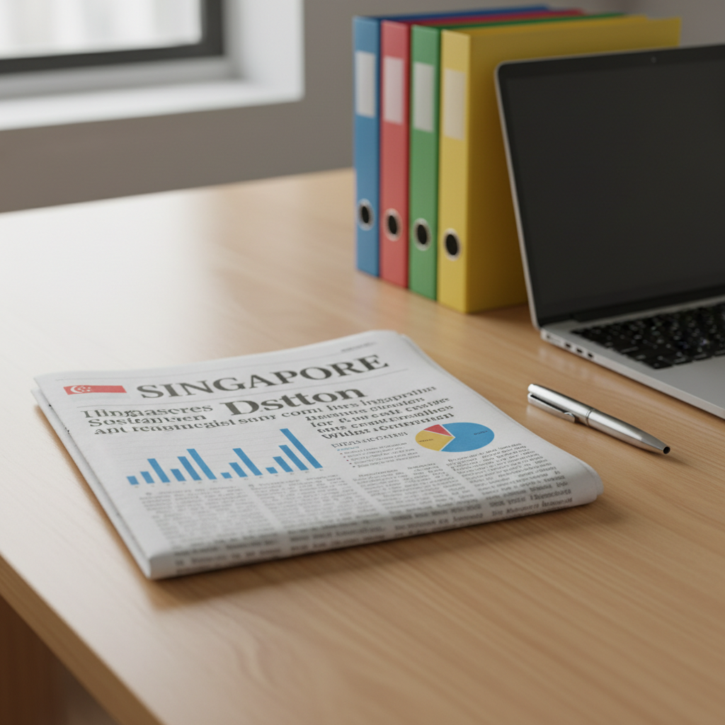 A close, photographic view of a folded Singaporean newspaper resting on a smooth, light oak desk in a minimalist office, the front page clearly showing bold headlines and bar-chart style infographics without readable text. A sleek silver laptop sits open in the background beside a neat stack of color-coded folders and a pen laid precisely parallel to the paper’s edge. Soft daylight from an unseen window bathes the scene in a neutral, even glow, creating gentle reflections on the laptop casing and subtle shadows along the paper’s creases. The atmosphere is orderly, analytical, and professional. Shot at an eye-level angle with shallow depth of field, the foreground newspaper is in crisp focus while the background gently blurs, reinforcing a clean, modern, photographic realism ideal for a Singapore news analysis feature.