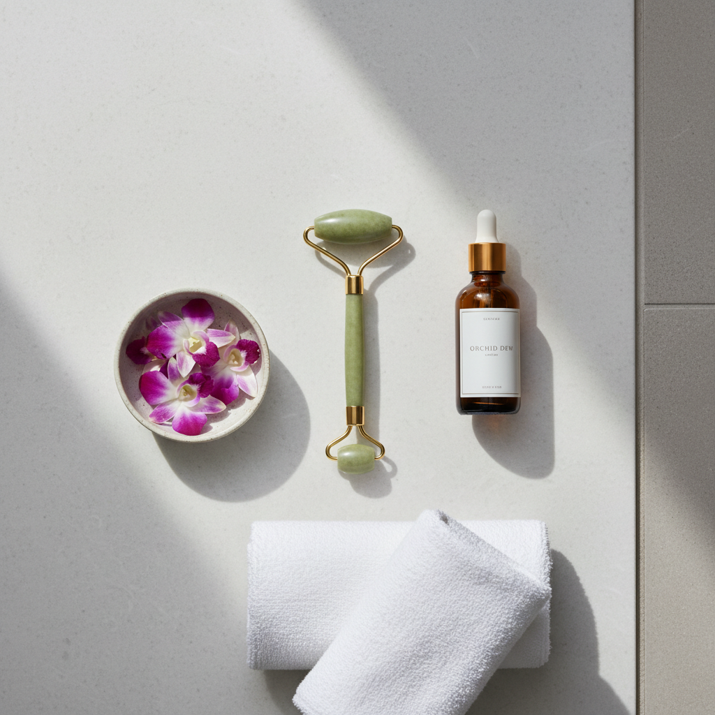 A meticulously arranged flat-lay on a pale stone countertop representing Singapore beauty and wellness trends: jade-green facial roller, amber glass serum bottle with a minimalist white label, folded white cotton towels, and a small dish of orchid petals, all aligned with quiet precision. A background hint of a tiled bathroom wall in soft grey appears at the frame’s edge. Natural, diffused daylight from an overhead skylight creates a gentle, spa-like glow, with delicate shadows emphasizing the contours of each object. The mood is serene, aspirational, and hygienic. Captured from a true bird’s-eye perspective with sharp focus across the entire frame, the composition uses negative space to keep it uncluttered. Photographic realism and subtle, muted colors make it ideal for Singapore wellness, beauty, and self-care feature stories.