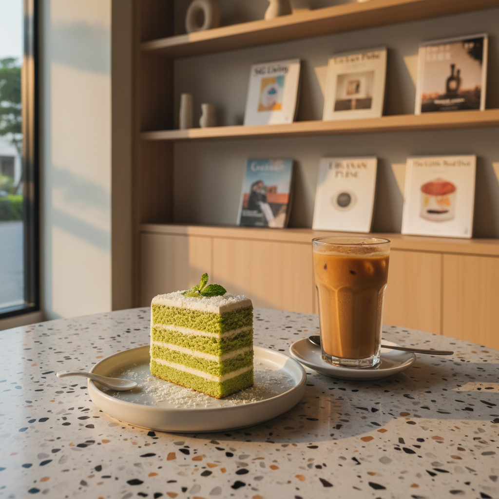 An inviting, photographic interior of a contemporary Singapore café designed for lifestyle coverage: a pristine terrazzo tabletop holds an artfully plated slice of pandan-layer cake on a matte white ceramic plate beside a tall glass of iced kopi with condensation beads catching the light. In the background, blurred built-in shelving displays neatly arranged local lifestyle magazines and minimalist decor objects. Warm, late-afternoon sunlight streams in from a side window, creating golden highlights on the glass and soft shadows that emphasize textures in the cake’s layers and terrazzo chips. Shot from a slightly elevated, three-quarter angle with shallow depth of field, the composition is balanced yet casual. The atmosphere feels relaxed, stylish, and urban, reflecting Singapore’s lifestyle and consumer culture in a clean, modern, photographic realism style.