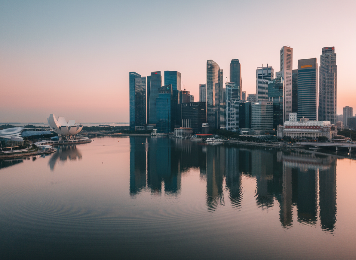A high-resolution aerial photographic view of Singapore’s Marina Bay skyline at dawn, with glass-and-steel office towers reflecting a soft pink and blue sky. The ArtScience Museum and financial district are clearly visible, while calm bay waters mirror the buildings with gentle ripples. Soft, diffused early morning light creates clean highlights on the skyscraper edges and subtle shadows between them, suggesting a city about to begin its workday. The mood is professional and forward-looking. Captured with a wide-angle lens and deep depth of field, the composition follows the rule of thirds with the horizon slightly above center. The photographic realism emphasizes clarity, modernity, and a polished news-magazine aesthetic suitable for a Singapore business and current affairs homepage hero image.