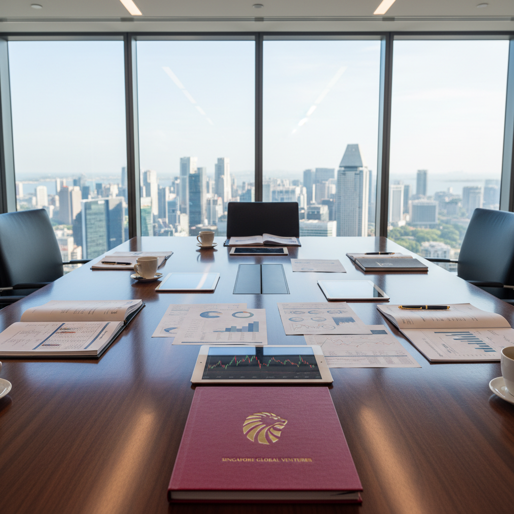 A polished wooden conference table in a high-floor Singapore office, its smooth walnut surface scattered with open financial reports, tablets displaying stock charts, and a single red-bound annual report embossed with a subtle gold logo. Floor-to-ceiling windows reveal an out-of-focus cityscape of Singapore’s central business district under bright midday light. The interior is lit by a mix of cool natural daylight and discreet recessed ceiling lights, creating balanced, professional illumination with soft, minimal shadows. The composition uses a slightly elevated angle, focusing on the documents in the foreground with a moderate depth of field that hints at the skyline beyond. The mood is analytical, corporate, and energetic, rendered in photographic realism with clean lines and muted, sophisticated colors, ideal to illustrate Singapore business, markets, and corporate news coverage.